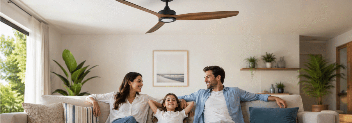 GENERAMEN UNA IMAGEN DE UN VENTILADOR DE TECHO EN UNA HABITACIÓN Y PERSONAS EN ESTADO ÓPTIMO DE CONFORT. TIENE QUE ESTAR OPTIMIZADA PARA INCLUIRLA EN LA CABECERA DE UN BLOG DE WORDPRESS