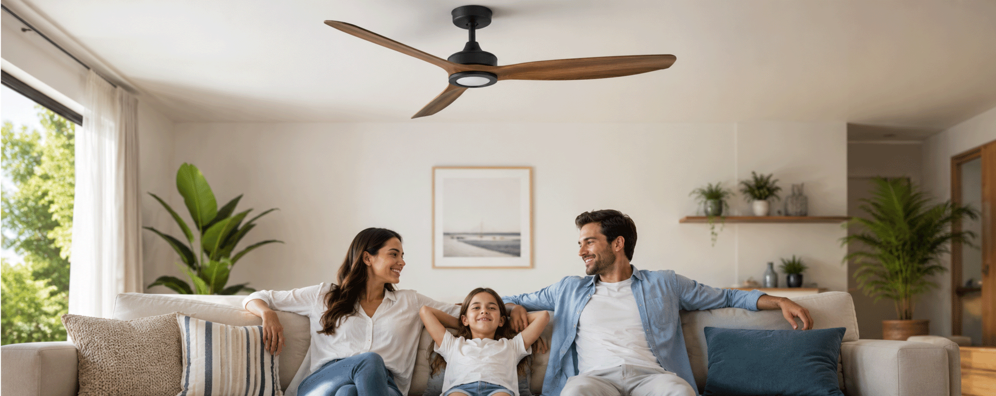 GENERAMEN UNA IMAGEN DE UN VENTILADOR DE TECHO EN UNA HABITACIÓN Y PERSONAS EN ESTADO ÓPTIMO DE CONFORT. TIENE QUE ESTAR OPTIMIZADA PARA INCLUIRLA EN LA CABECERA DE UN BLOG DE WORDPRESS