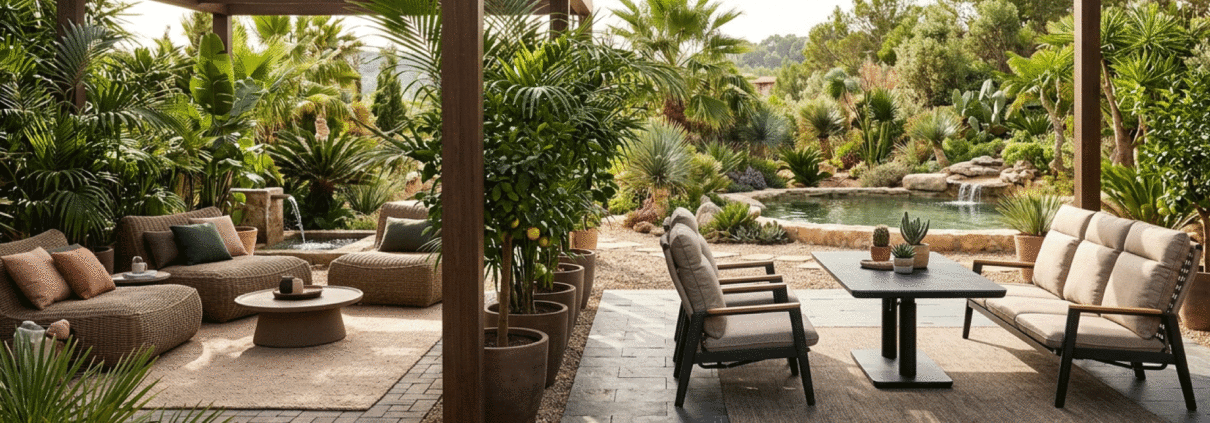 Oasis para el exterior. Zonas lounge y comedor bajo una pérgola