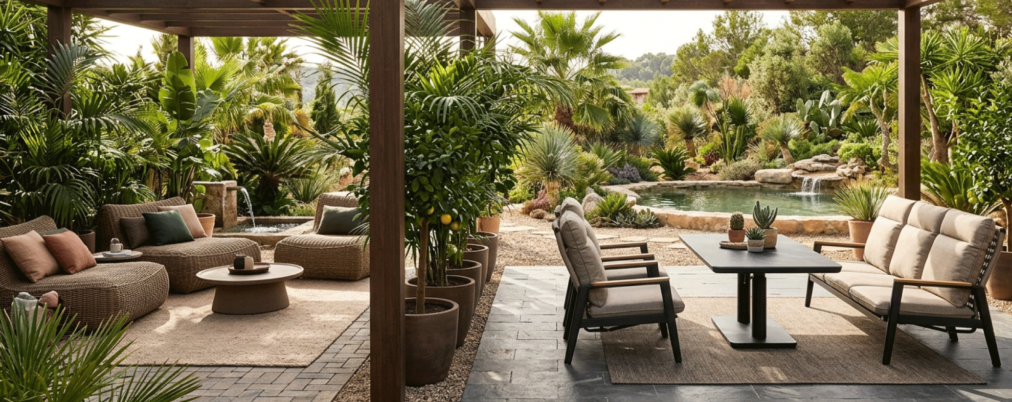 Oasis para el exterior. Zonas lounge y comedor bajo una pérgola